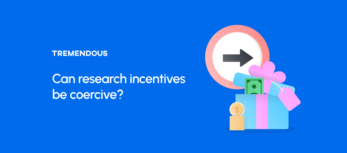 A blue card that reads: "Can research incentives be coercive?" On the right side is a gift box of cash and coins.