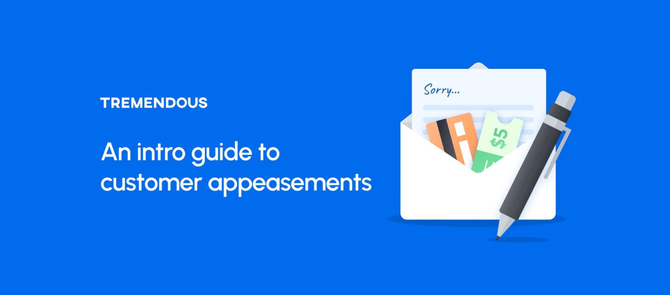 On the left, text reads: "An intro guide to customer appeasements." On the right is an envelope with a credit card, an apology, and a $5 voucher inside.