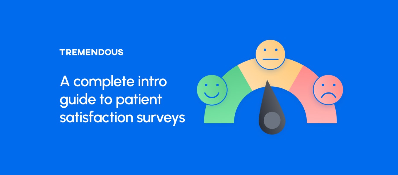 Text reads: "A complete intro guide to patient satisfaction surveys." Beside the text is a typical cartoon pain meter used in hospital settings.