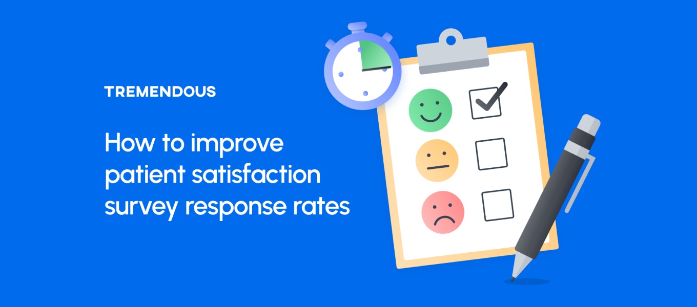 On the left, text reads: "How to improve patient satisfaction surveys." On the right is an image of a clipboard.
