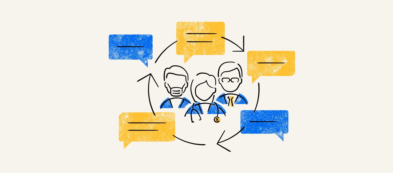 Three medical professionals with speech bubbles surrounding them.