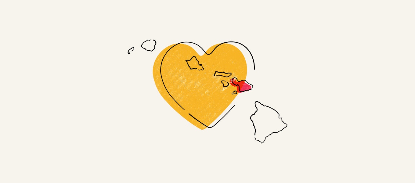 Abstract map of Hawaii with a heart and Maui highlighted