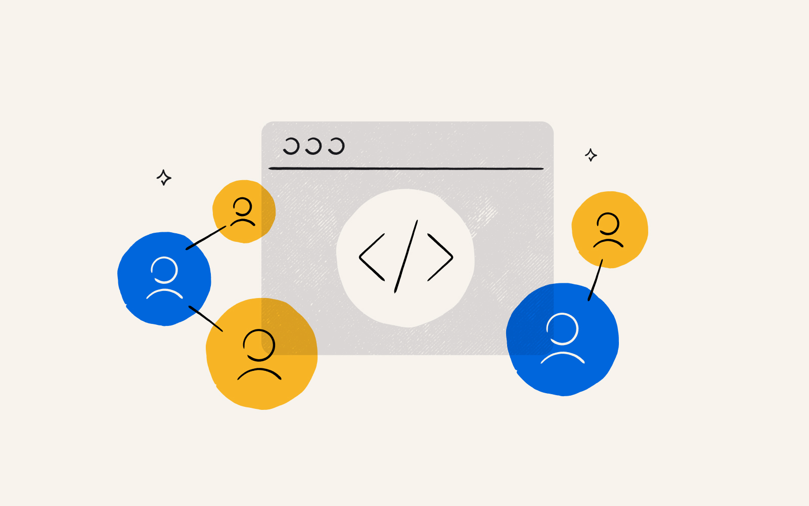 Illustration of people icons and a website indicating referral marketing software