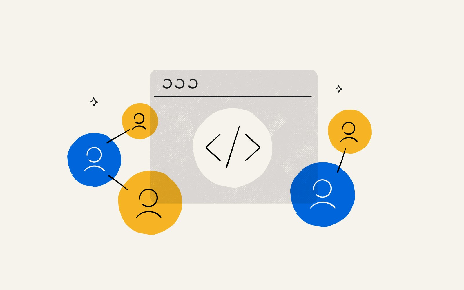 Illustration of people icons and a website indicating referral marketing software