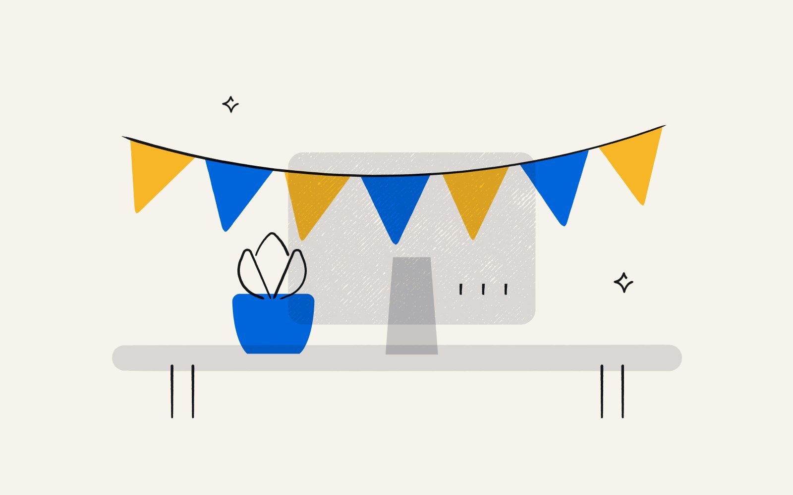 Illustration of a plant and bunting on a new hire's desk
