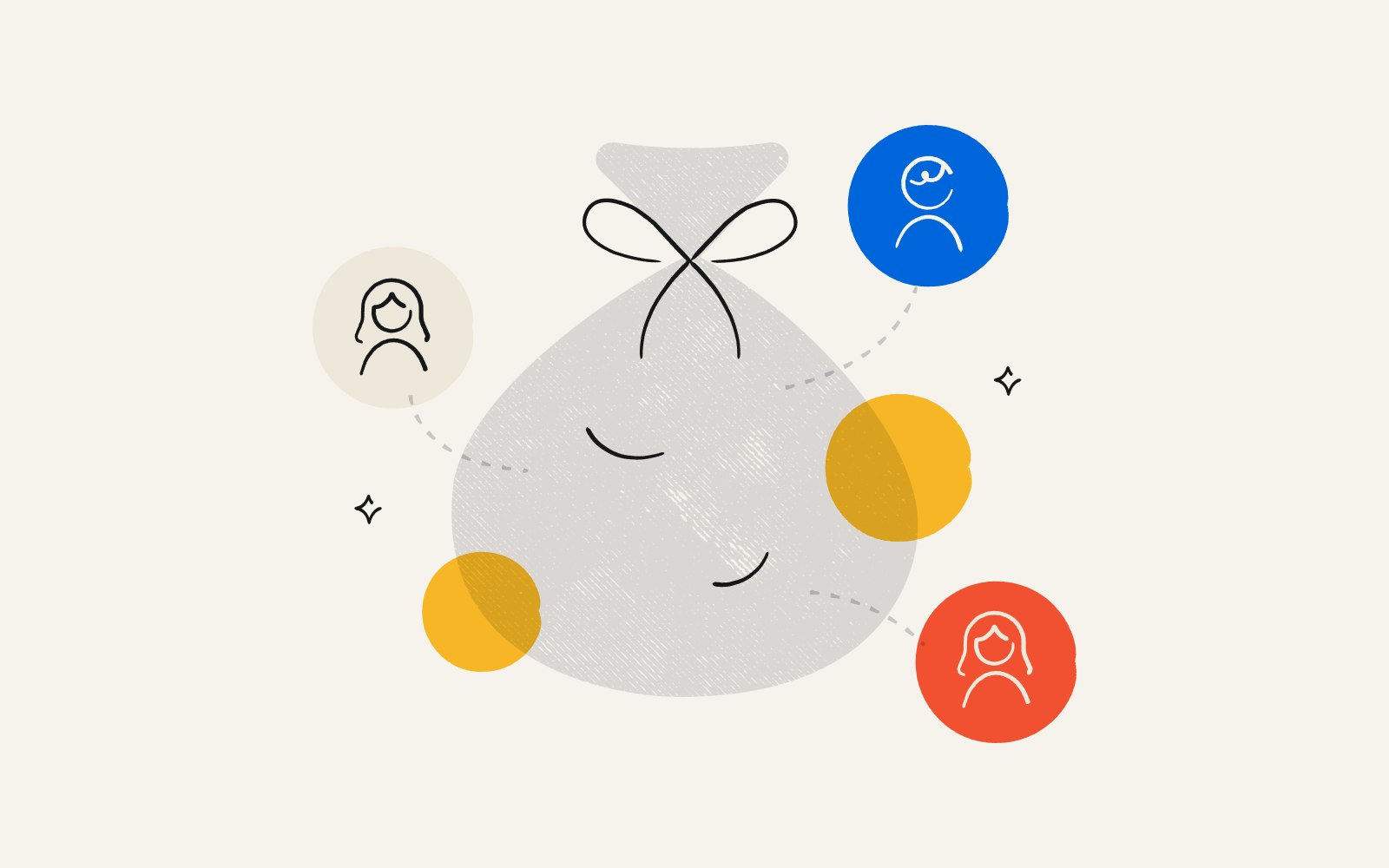 An illustration of a money bag and people icons indicating employee bonuses