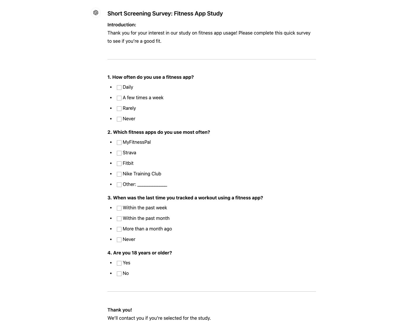 A screenshot of a screener survey generated with help from ChatGPT