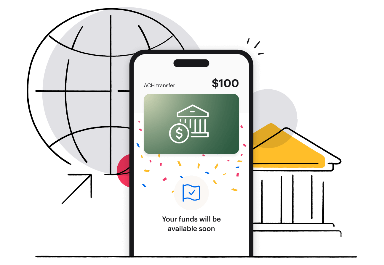 Illustration of a phone with an ACH payment confirmation onscreen