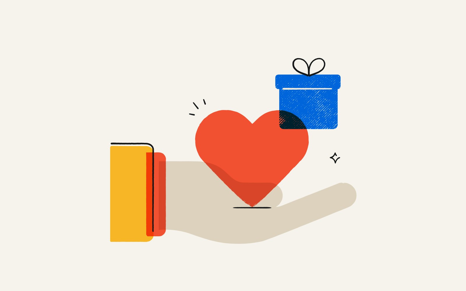 An illustration of a hand holding a heart and present indicating volunteer appreciation gifts