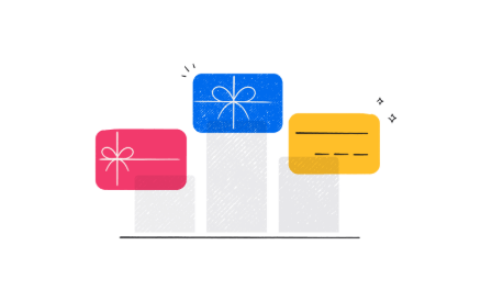 Illustration of three gift cards with a chart showing popularity