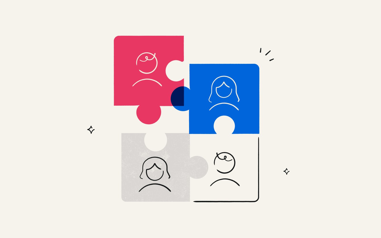 Four puzzle pieces of different colors with people indicating company culture