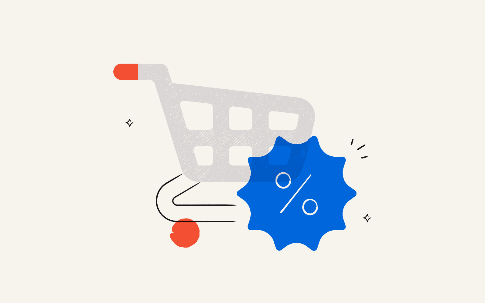 An illustration of a shopping cart overlaid with a blue icon that indicates a deal or discount.