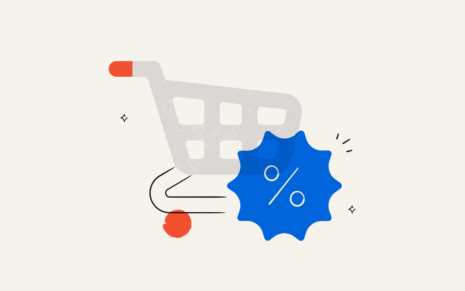 An illustration of a shopping cart overlaid with a blue icon that indicates a deal or discount.