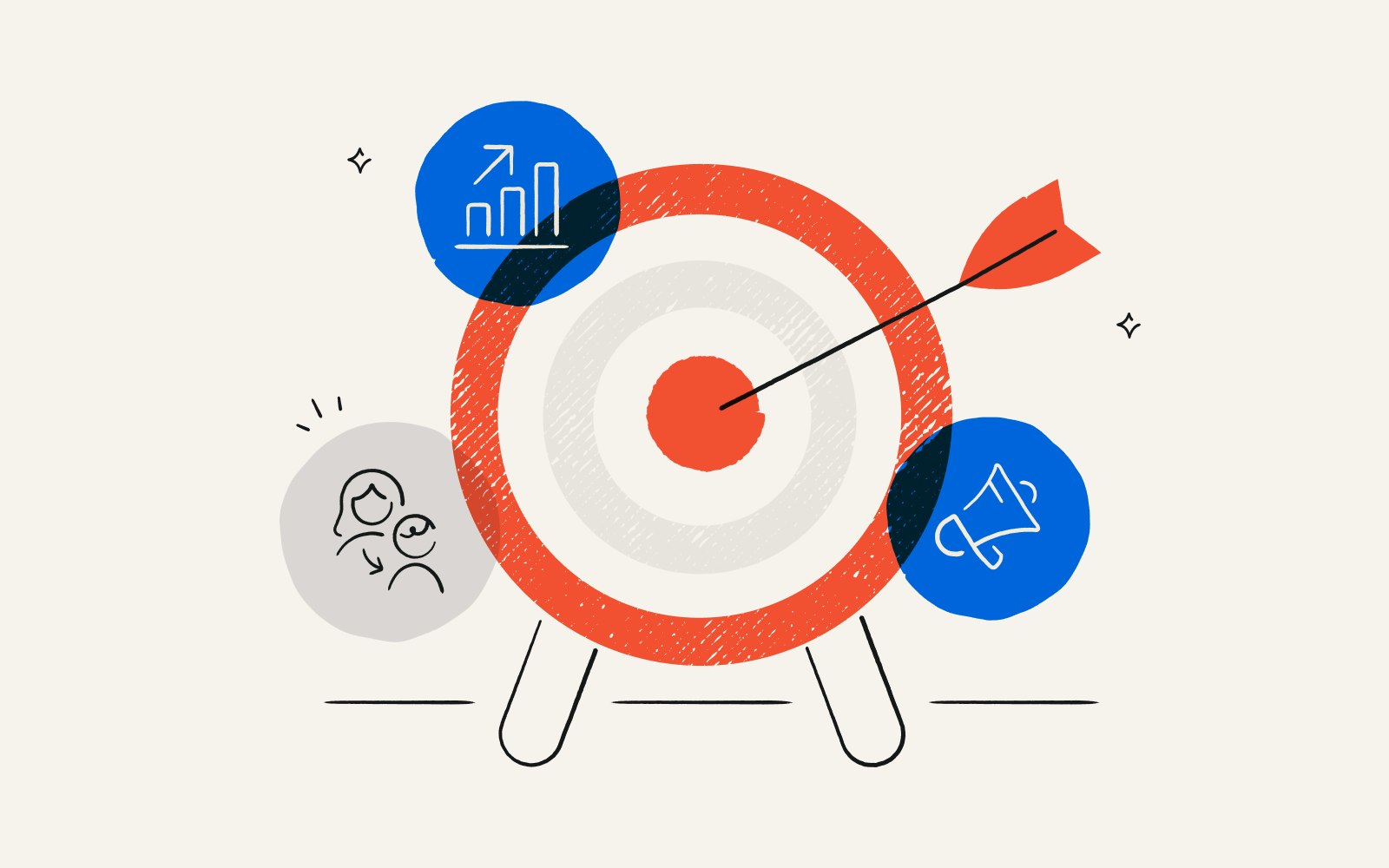 an illustration of an arrow hitting a target with icons of megaphone, symbol of increased revenue, and people pointing to another to signal referrals