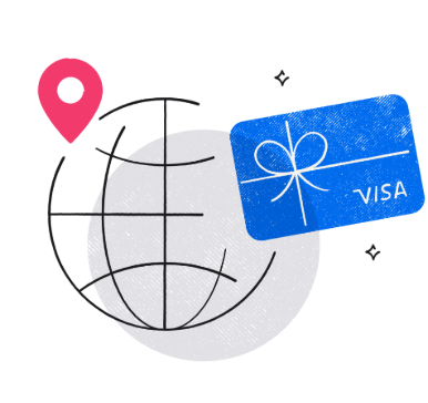 Illustration of a globe with a blue Visa prepaid card