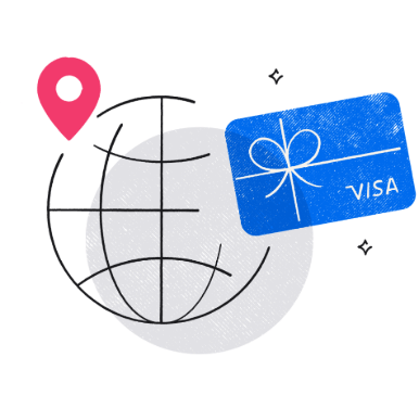 Illustration of a globe with a blue Visa prepaid card