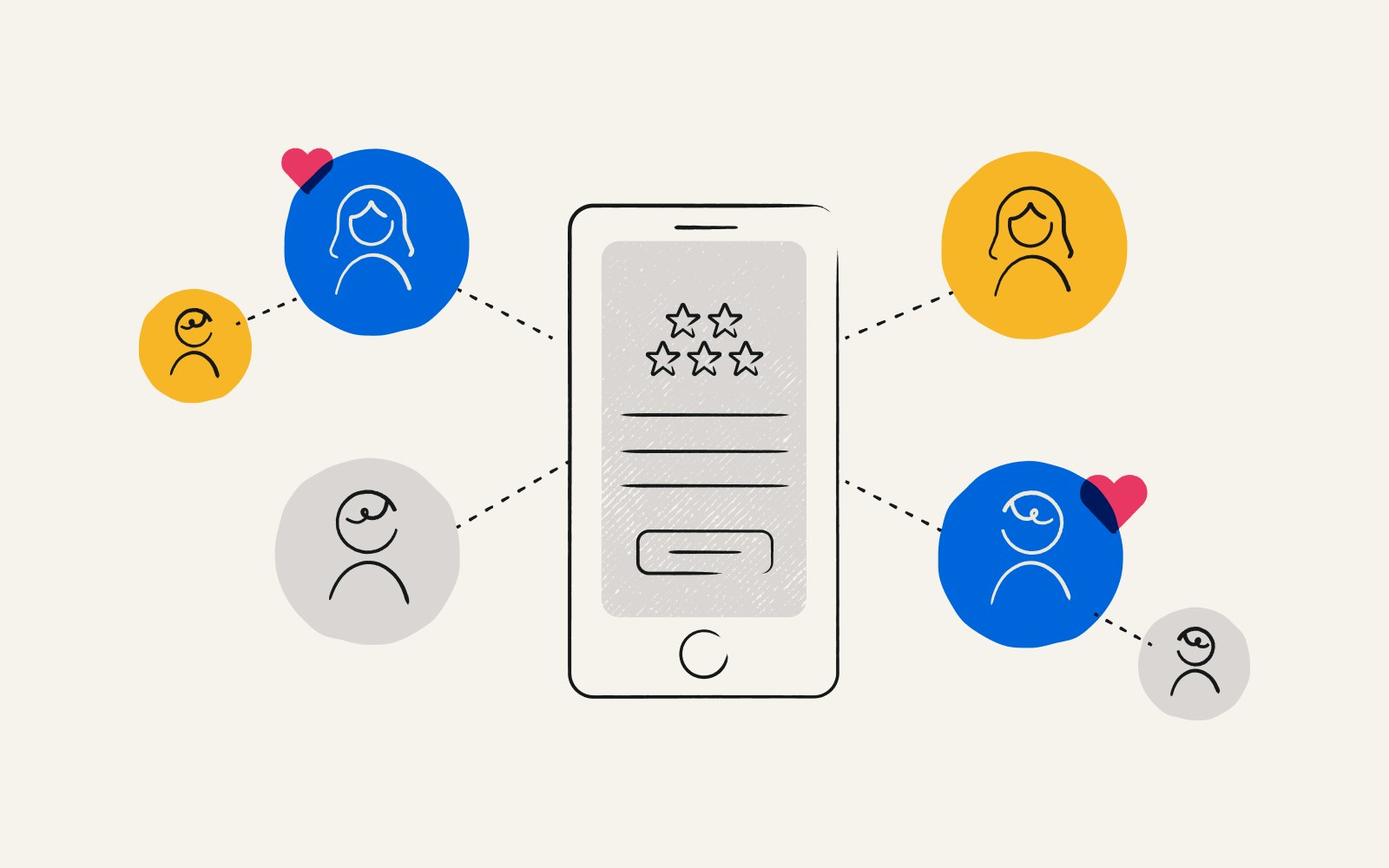 An illustration showing a smartphone connecting a business to a network of customer referrals.