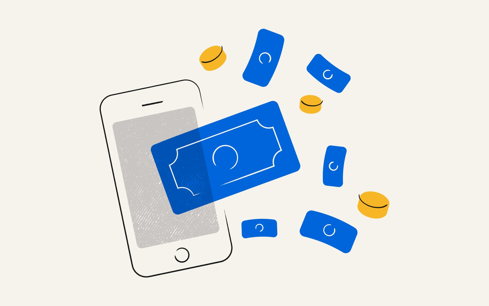 An illustration of a smartphone with cash and coins around the screen.