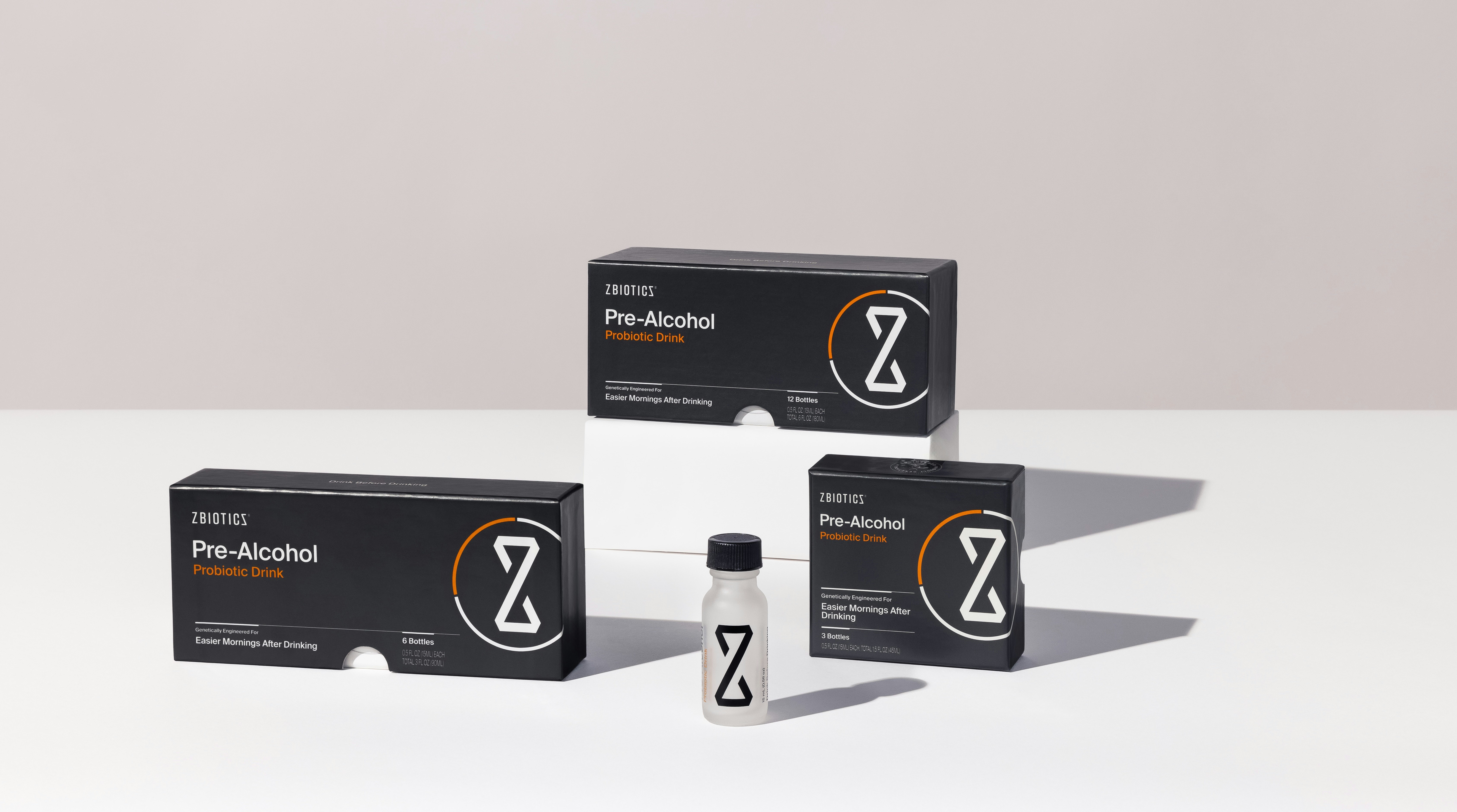 ZBiotics Pre-Alcohol bottle and three boxes