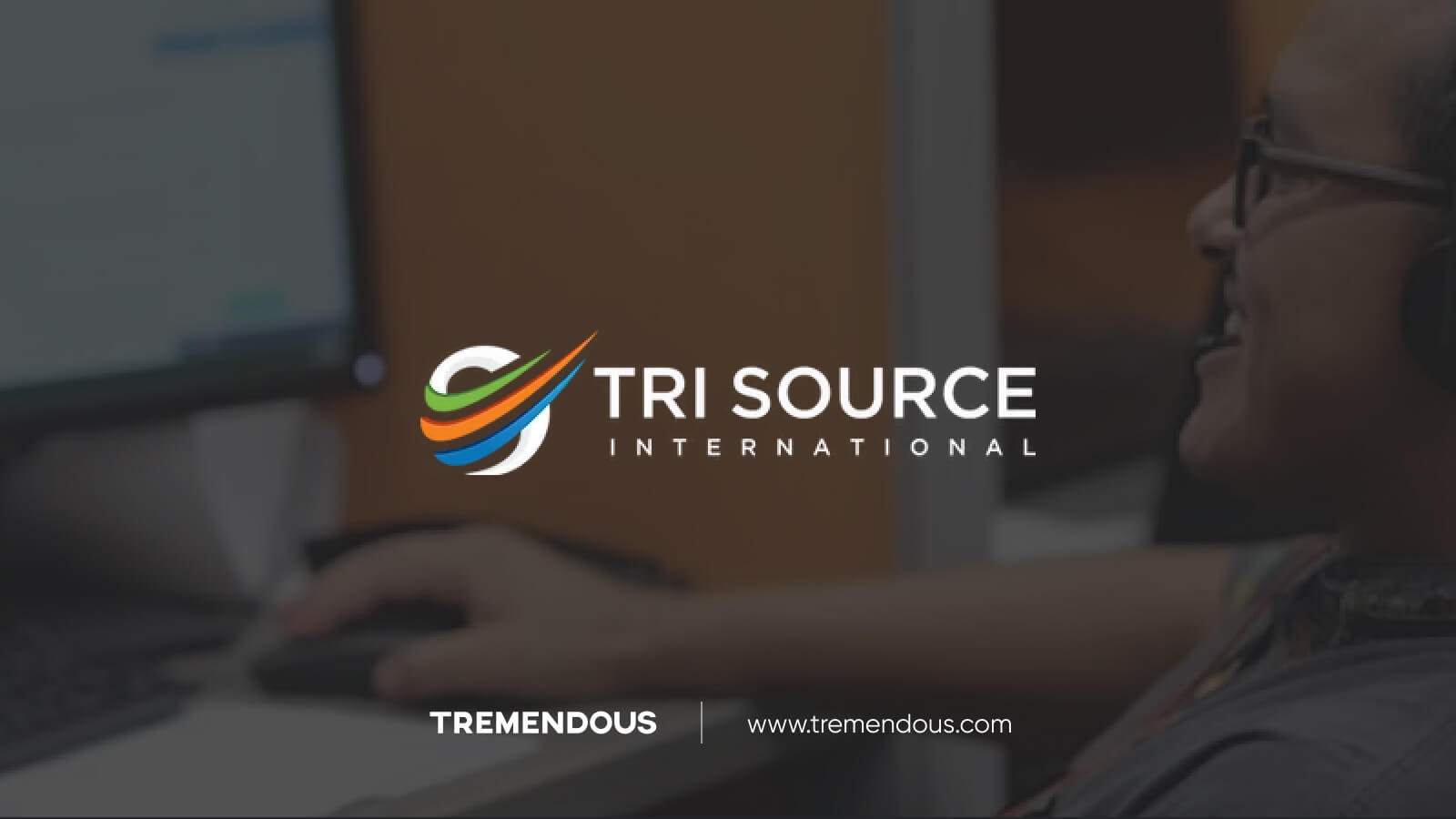Tri Source International Logo overlaid on a photo of a call center agent at a computer