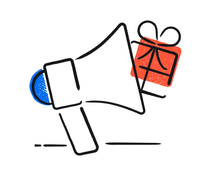 An illustration of a megaphone and a gift box wrapped with a bow.