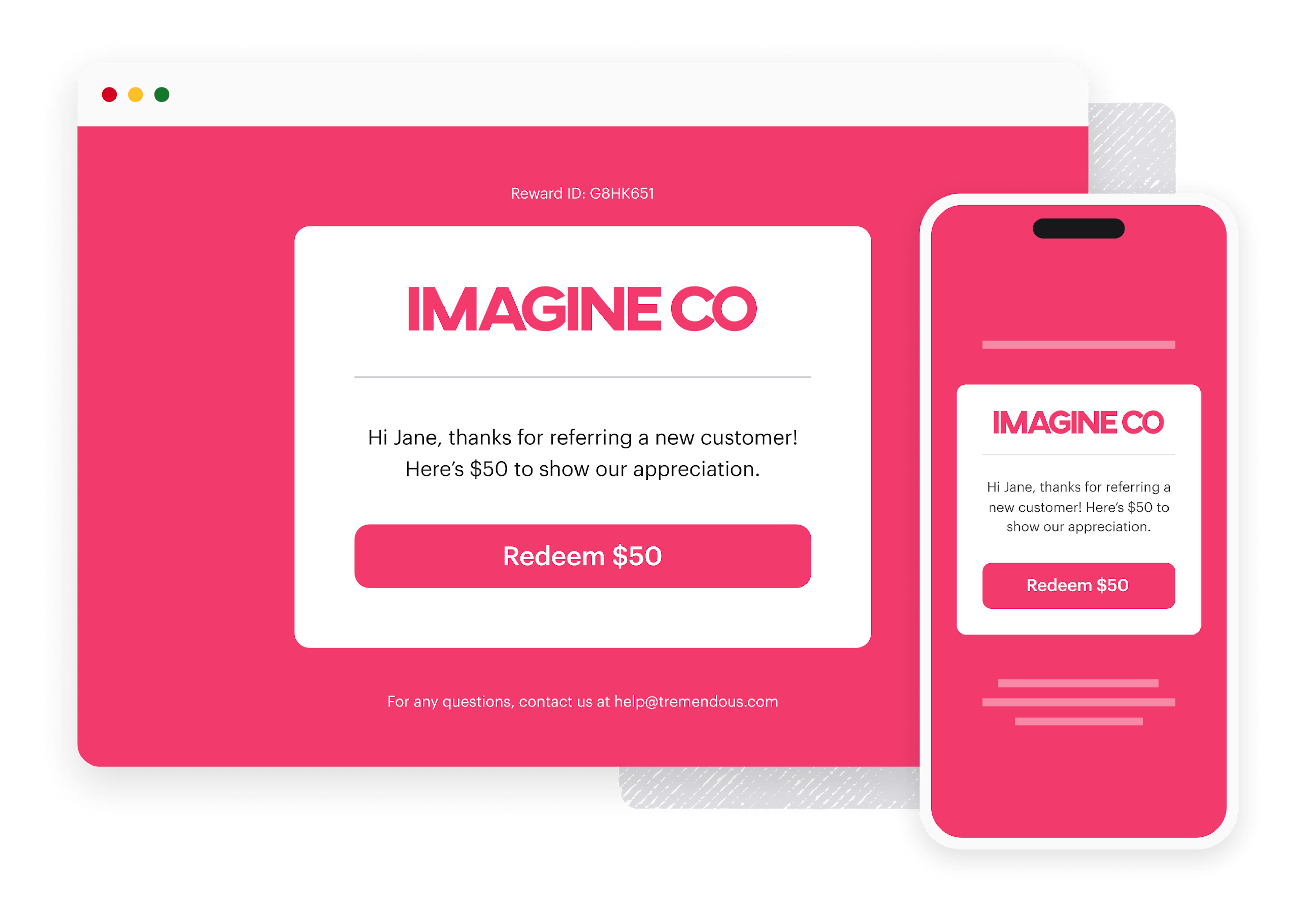 Bright pink landing page and email confirmation from Imagine Co with a $50 reward offer