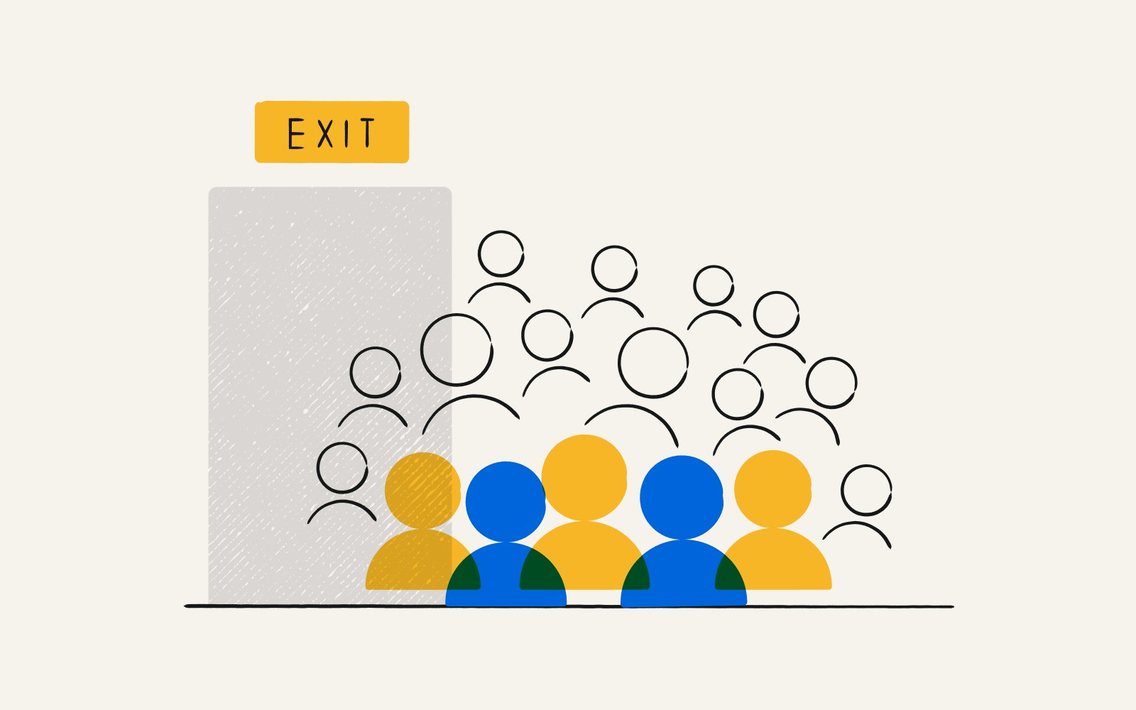 An illustration showing employees heading toward a door marked "Exit."