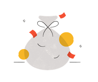 An illustration of a bag of money, tied at the top, with confetti floating down around it.