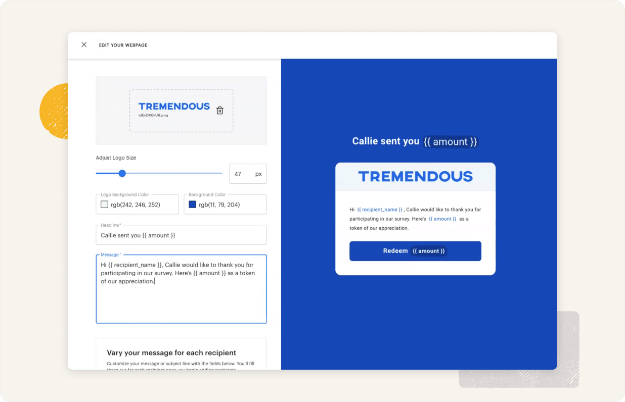 Screenshot of customizing a Tremendous reward email