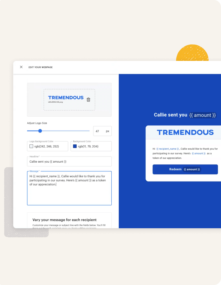 Tremendous product demo - screenshot of configuring a reward email