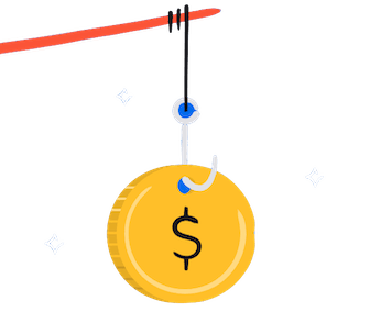 An illustration of a fishing pole with a coin attached to the hook.