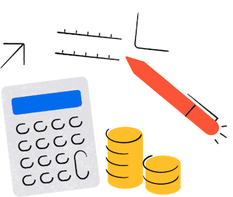 An illustration of a paper, pen, and calculator.