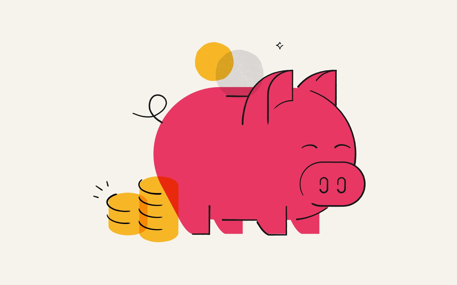 An illustration of a cute pink piggy bank with gold coins.