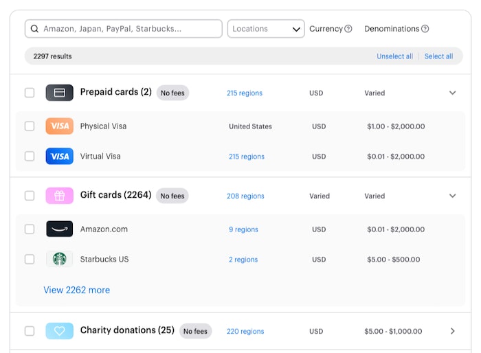 A screenshot of the Tremendous UI prompting users to select reward options.