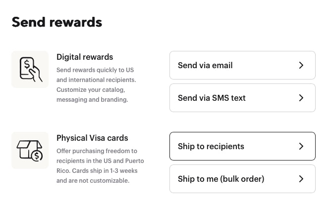 A screenshot of the Tremendous UI prompting users to select how to send rewards.