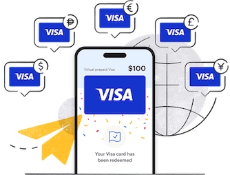 An illustration of a phone showing virtual Visa gift cards sent around the world.