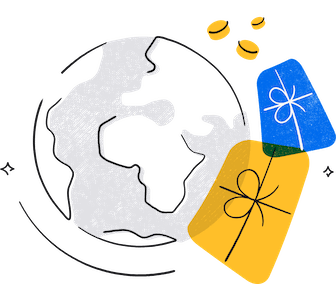 An illustration of the globe with gift cards and coins being sent around the world.