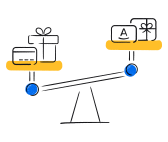 An illustration of a scale with promotional offers on each side.
