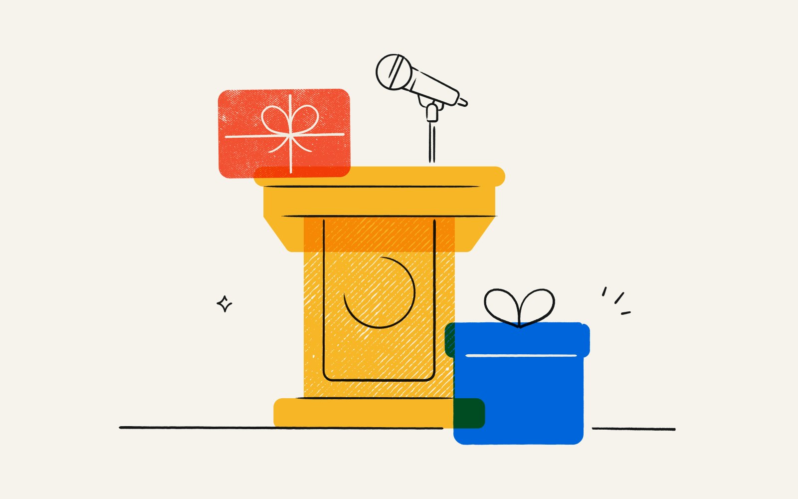 An illustration of a speaker podium surrounded by gifts.