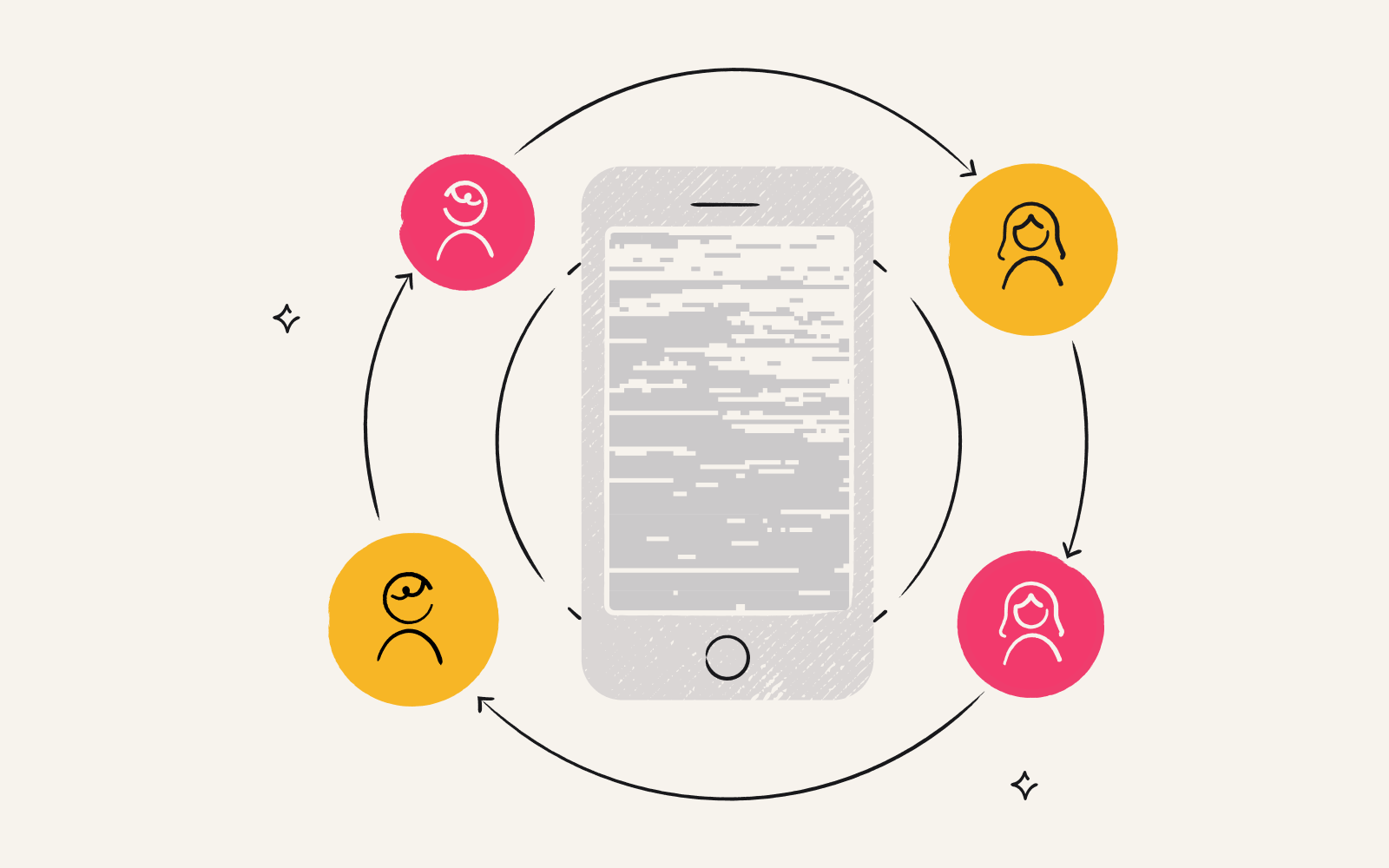 Illustration of a smartphone surrounded by icons of people to indicate referral marketing