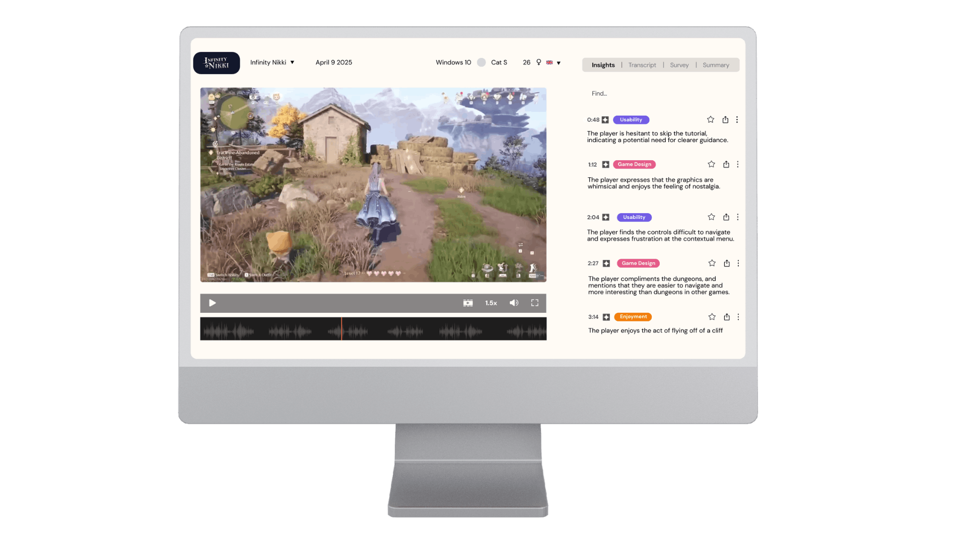PlaytestCloud testing UI screen with a game on the left and comments on the right