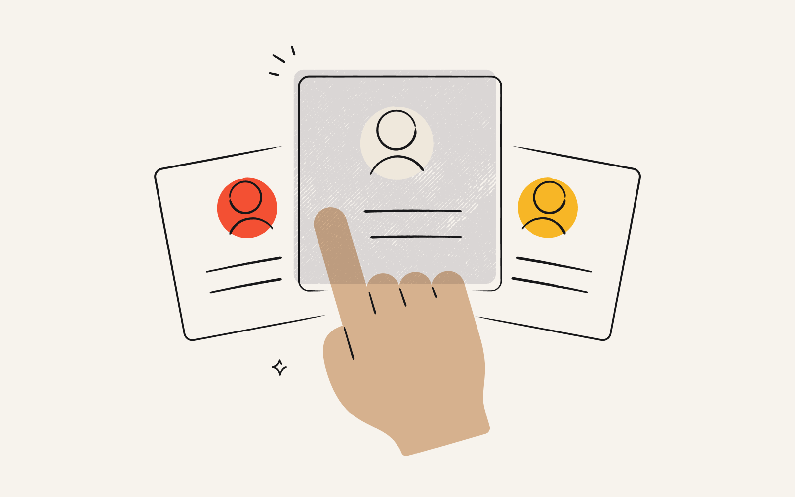 Illustration of a hand swiping between multiple online profiles
