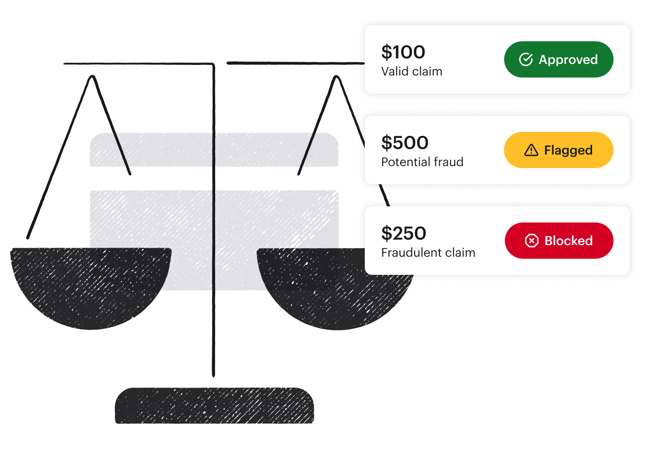An illustration of the scales of justice overlayed with examples of system flags of potentially fraudulent class action claims.