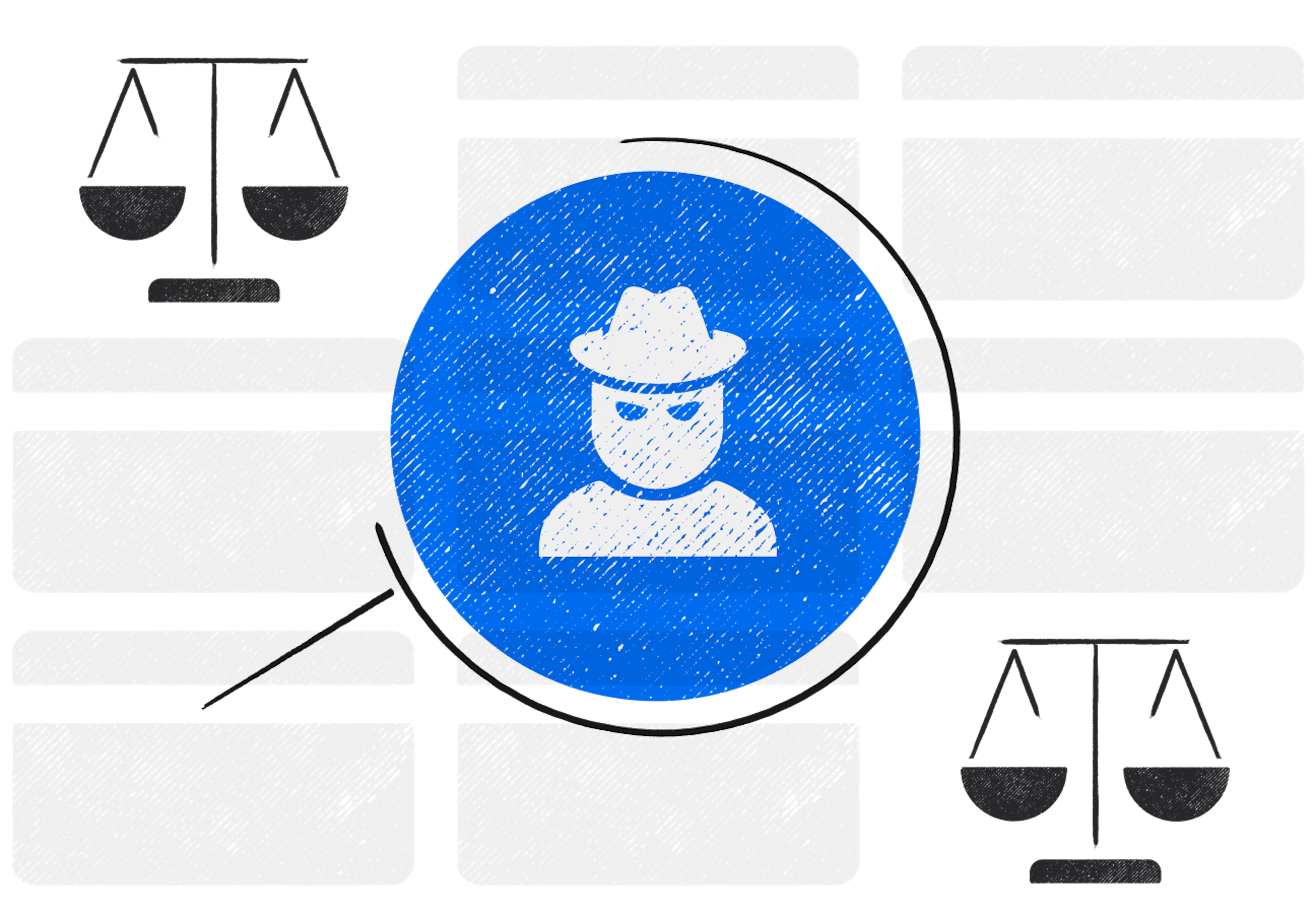 An illustration including the scales of justice on either side of a criminal.