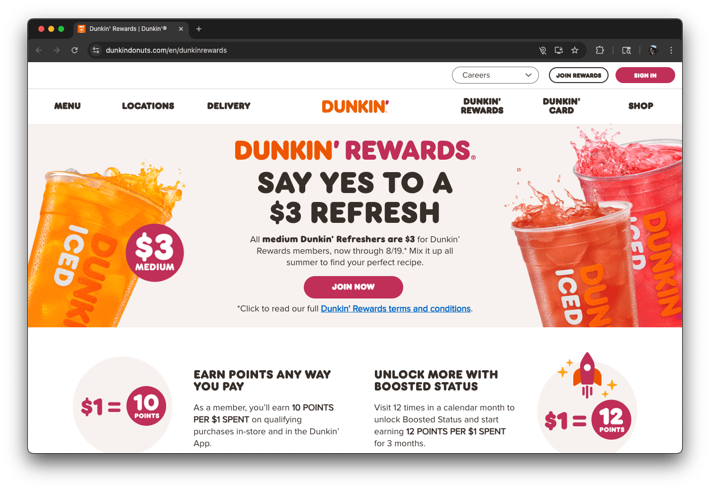 Dunkin' Rewards loyalty program homepage