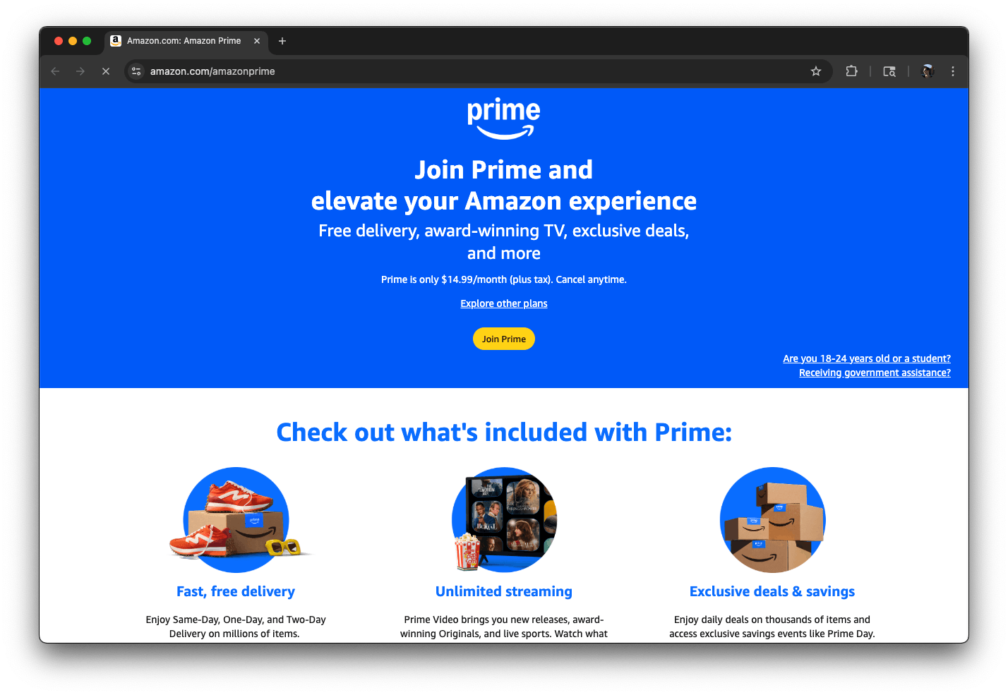 Amazon Prime membership homepage