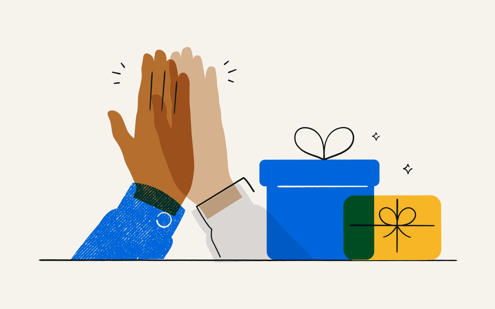 An illustration of hands high-fiving over gifts.