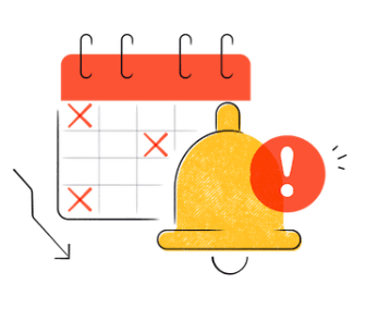 Illustration of a calendar and bell with an alert sign