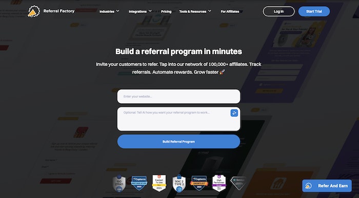A screenshot of the Referral Factory home page.