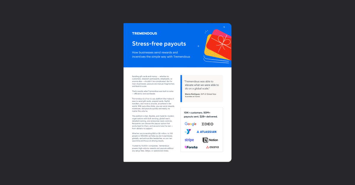 enterprise-grade platforms bulk gift card payouts Tremendous: Sending Gift Cards and Money, Simplified